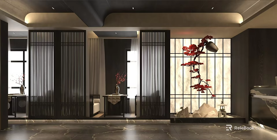 Traditional Chinese Clubhouse Interior Design With Wooden Screens Red Floral Branch And Marble Floor 3d model 