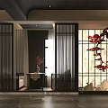 Traditional Chinese Clubhouse Interior Design With Wooden Screens Red Floral Branch And Marble Floor