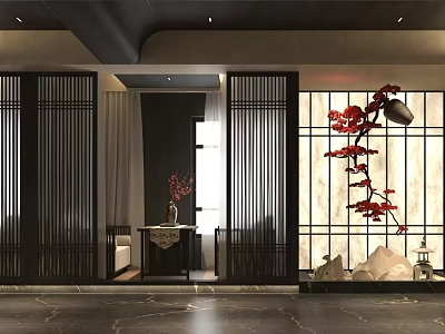 Traditional Chinese Clubhouse Interior Design With Wooden Screens Red Floral Branch And Marble Floor 3d model