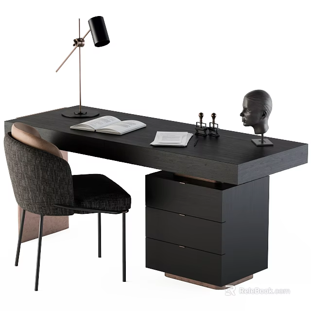 Modern Stylish Desk and Chair Set with Open Books Table Lamp and Mannequin Head 3d model 