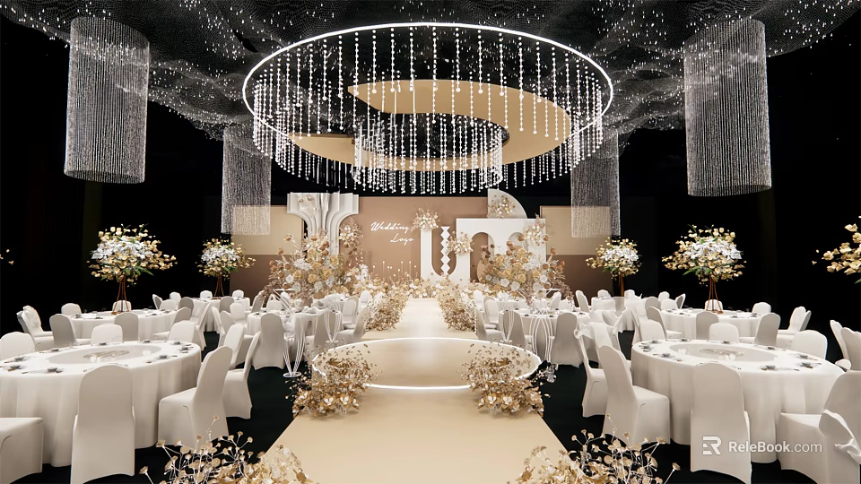 Elegant Wedding Stage Decoration With Crystal Chandeliers White Tables And Chairs Floral Arrangements 3d model 
