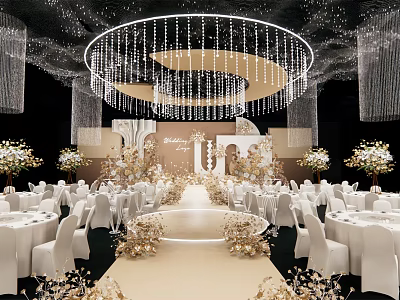 Elegant Wedding Stage Decoration With Crystal Chandeliers White Tables And Chairs Floral Arrangements 3d model
