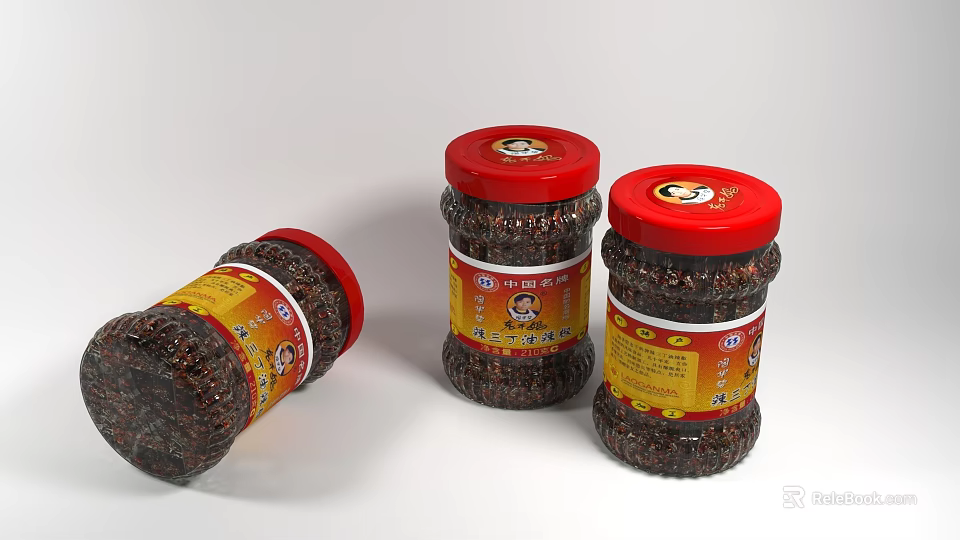 Three Delicious Spicy Chili Sauce Jars With Red Lids And Yellow Labels Featuring Cartoon Character 3d model 