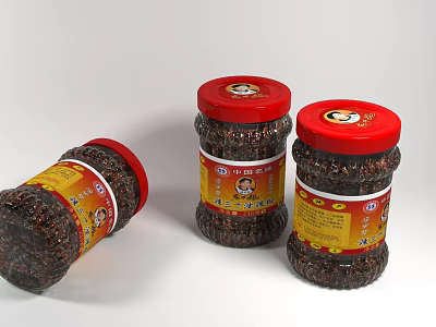 Three Delicious Spicy Chili Sauce Jars With Red Lids And Yellow Labels Featuring Cartoon Character 3d model