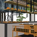 Modern Hotpot Restaurant Interior With Wooden Decor Hanging Lights And Dining Tables