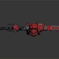 Red Robot Game Movie Character With Mechanical Arms Armor And Glowing Blue Lights