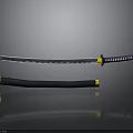 Traditional Samurai Sword Weapon With Wavy Blade Purple Yellow Hilt And Black Scabbard