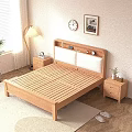 Natural Style Wooden Double Bed With Green Pillows Quilt Nightstand Floor Lamp And Wall Decor