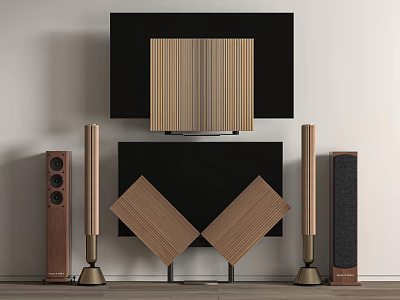 Modern Home Theater TV Setup With Wooden Stand And Surround Sound Speakers 3d model