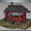 Traditional Japanese Street Food Stall With Red Building Blue Sign Dark Roof And Lanterns