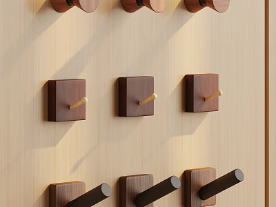 Wooden Hooks In Various Shapes Neatly Arranged On Light Wooden Wall 3d model
