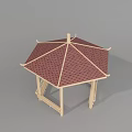 Wooden Pavilion With Red Roof Latticed Top Design And Surrounding Benches