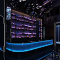 Stylish Bar Interior With Monochrome Geometric Lines Hanging Blue Lights Large Screen And Tables