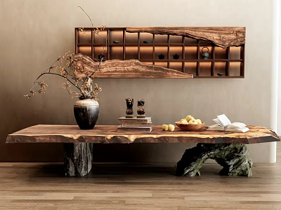 Natural Wood Console Table Interior Design with Stone Legs Vase Fruits and Books 3d model