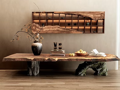 Natural Wood Console Table Interior Design with Stone Legs Vase Fruits and Books 3d model Natural Wood Console Table Interior Design with Stone Legs Vase Fruits and Books 3d model