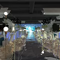 Elegant Banquet Hall Interior With Floral Decorations White Spherical Lights Mirror Floor And Table Settings