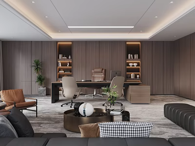 Modern Office Interior Design With Wooden Bookshelves Desk Comfortable Sofa And Green Plants 3d model