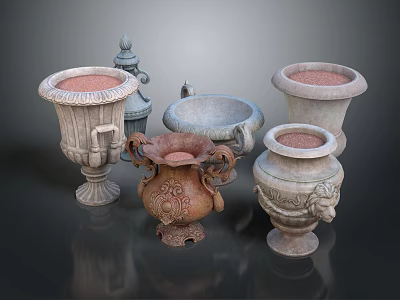 Ornamental Plant Pots With Intricate Carvings And Various Shapes For Garden Decor 3d model