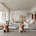 Modern Living Room Interior With Beige Sofa Wooden Stools Patterned Rug And White Globe Chandelier