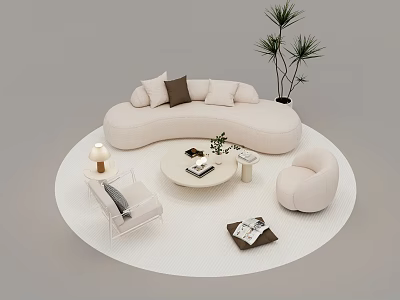 Modern Curved Sofa and Coffee Table Set with Accent Pillows Armchair and Potted Plant 3d model