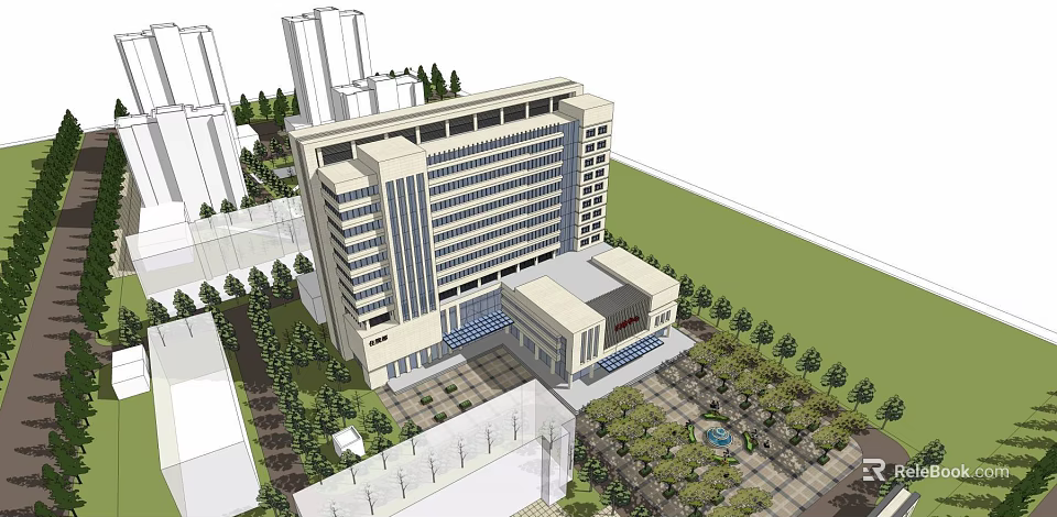 Modern Multi Story Building Exterior With Front Square Greenery And Trees 3d model 