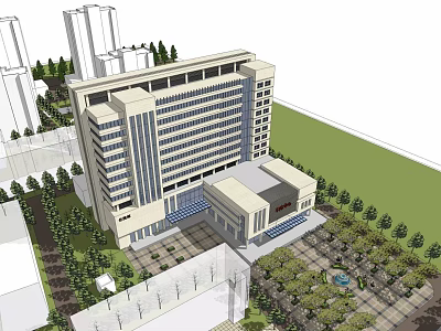 Modern Multi Story Building Exterior With Front Square Greenery And Trees 3d model