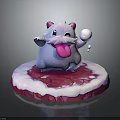 Cute Fluffy Cartoon Character Creature With Pink Tongue Holding White Ball On Red White Base
