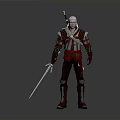 White Haired Man In Red And Black Armor Holding Sword Against Gray Background