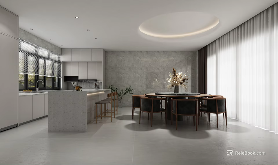 Modern Restaurant Interior With Open Kitchen Design Dining Table And Island Counter 3d model