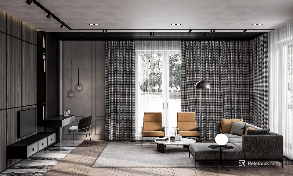 Modern Living Room Interior Design With Gray Curtains Orange Chairs Sofa Floor-to-ceiling Windows Wooden Floor 3d model 