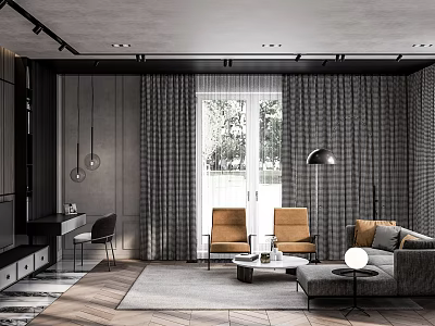 Modern Living Room Interior Design With Gray Curtains Orange Chairs Sofa Floor-to-ceiling Windows Wooden Floor 3d model