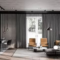 Modern Living Room Interior Design With Gray Curtains Orange Chairs Sofa Floor-to-ceiling Windows Wooden Floor