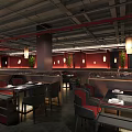 Modern Style Hotpot Restaurant with Red Walls Wooden Partitions Pendant Lights and Green Plants