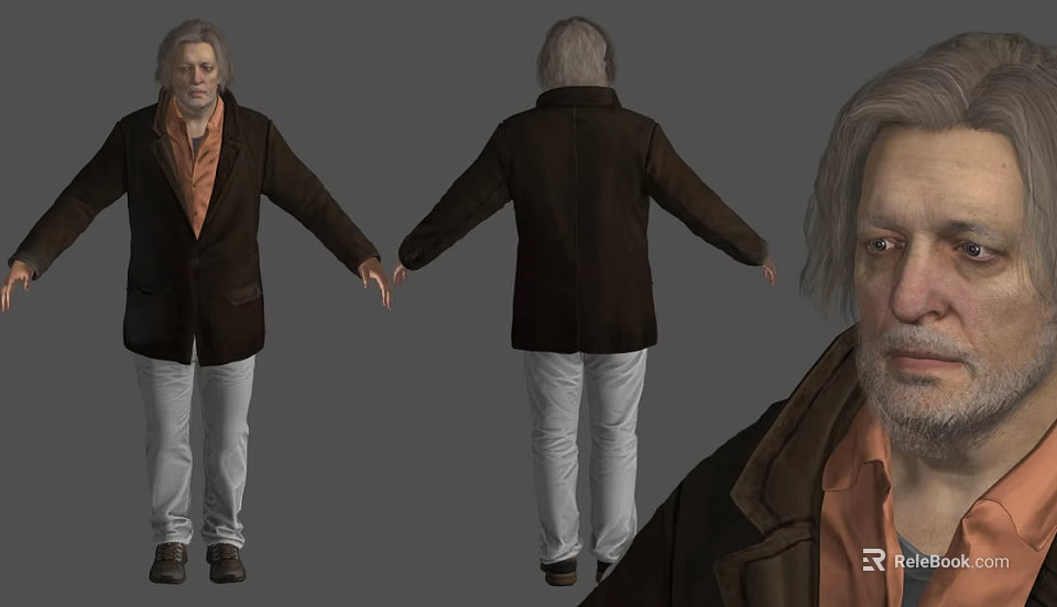 A Man In Brown Coat And Orange Shirt With Multiple Views 3d model 