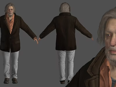 A Man In Brown Coat And Orange Shirt With Multiple Views 3d model