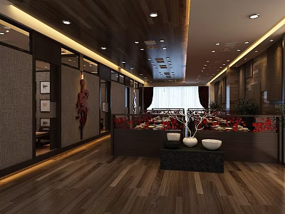 Elegant Restaurant Interior Design With Wooden Flooring Ceiling Lights And Decorative Wall Art 3d model