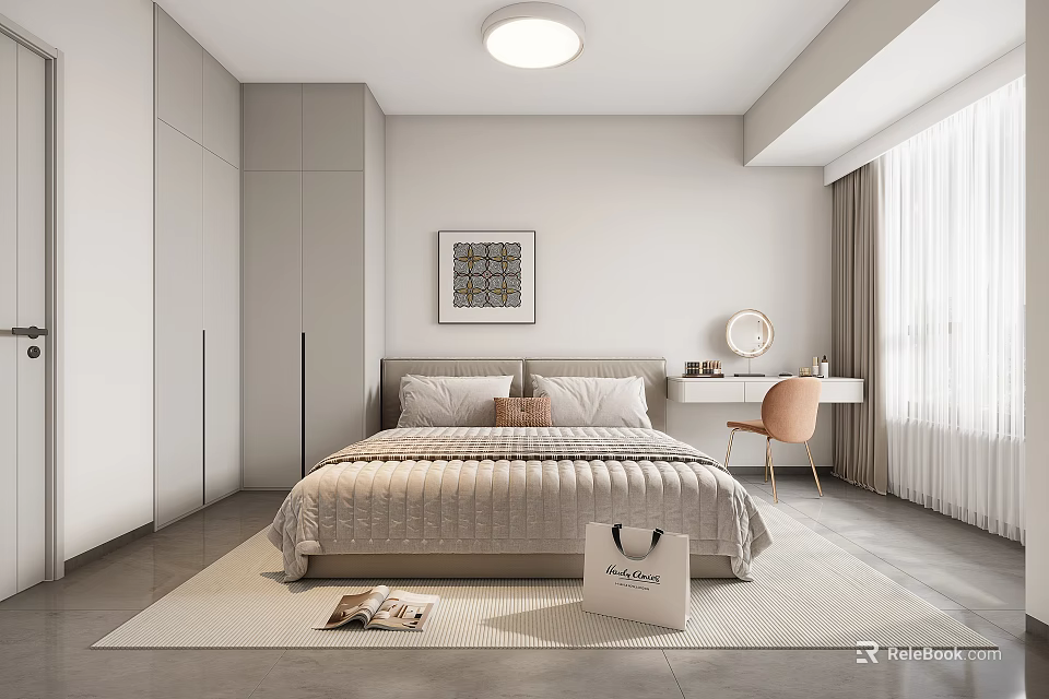 Modern Bedroom Interior Design With Bed Pillows Desk Chair Wardrobe And Curtains 3d model 