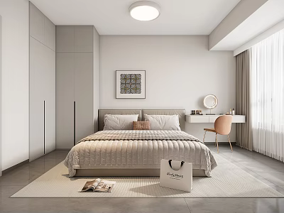 Modern Bedroom Interior Design With Bed Pillows Desk Chair Wardrobe And Curtains 3d model