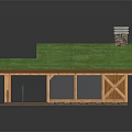 Wooden Frame Building With Green Grass Roof Stone Chimney And Large Windows