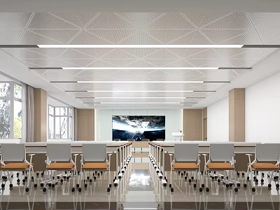 Modern Conference Room Interior With Geometric Ceiling Large Screen Natural Light And Arranged Tables Chairs 3d model