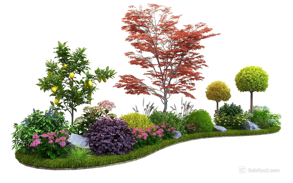 Garden Landscape With Colorful Shrubs Red Maple Tree Lemon Plant Pink Flowers Trimmed Round Bushes 3d model 