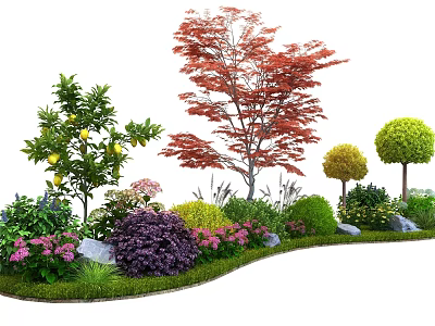 Garden Landscape With Colorful Shrubs Red Maple Tree Lemon Plant Pink Flowers Trimmed Round Bushes 3d model