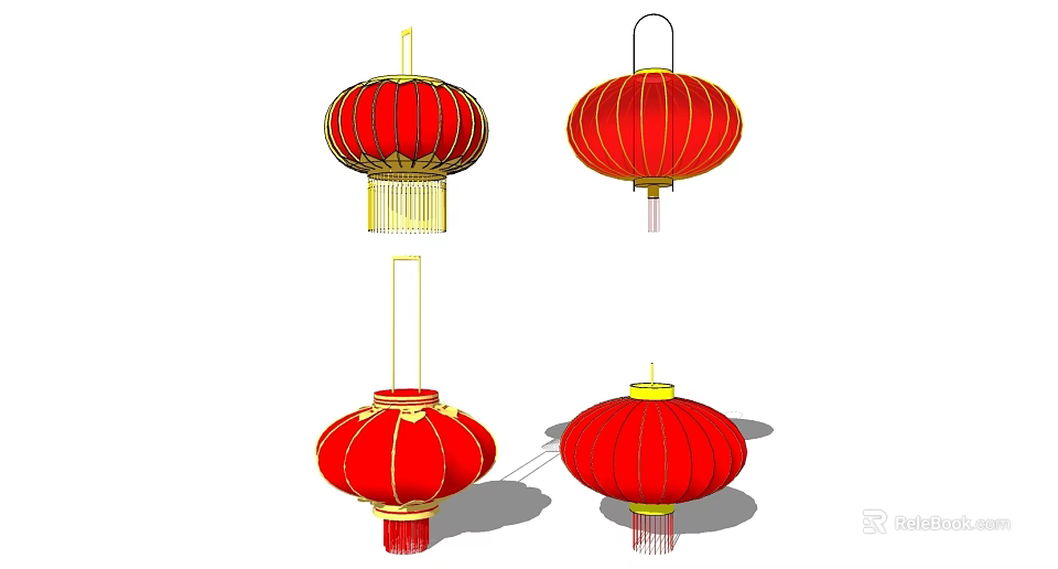 Chinese Traditional Red Lantern Chandeliers With Golden Tassels And Classic Design 3d model 