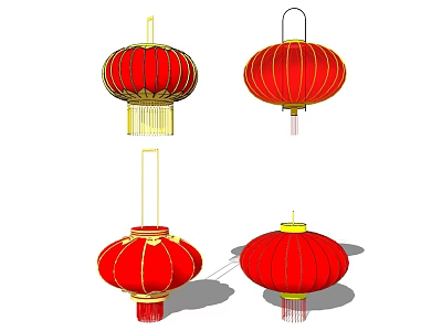 Chinese Traditional Red Lantern Chandeliers With Golden Tassels And Classic Design 3d model