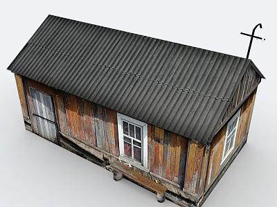 Rustic Old Wooden House With Corrugated Metal Roof Windows And Cross 3d model
