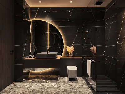 Modern Bathroom Design With Black Marble Walls Round Backlit Mirror Vanity Toilet And Shower 3d model