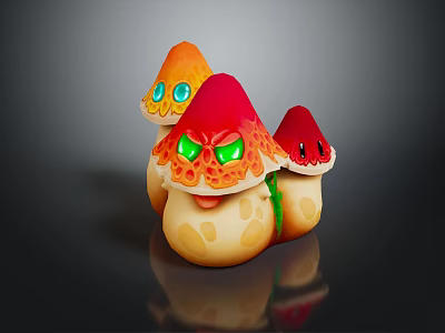 Vibrant Fantasy Mushrooms with Orange Red Caps and Green Eyes Cartoon Style Plant Design 3d model