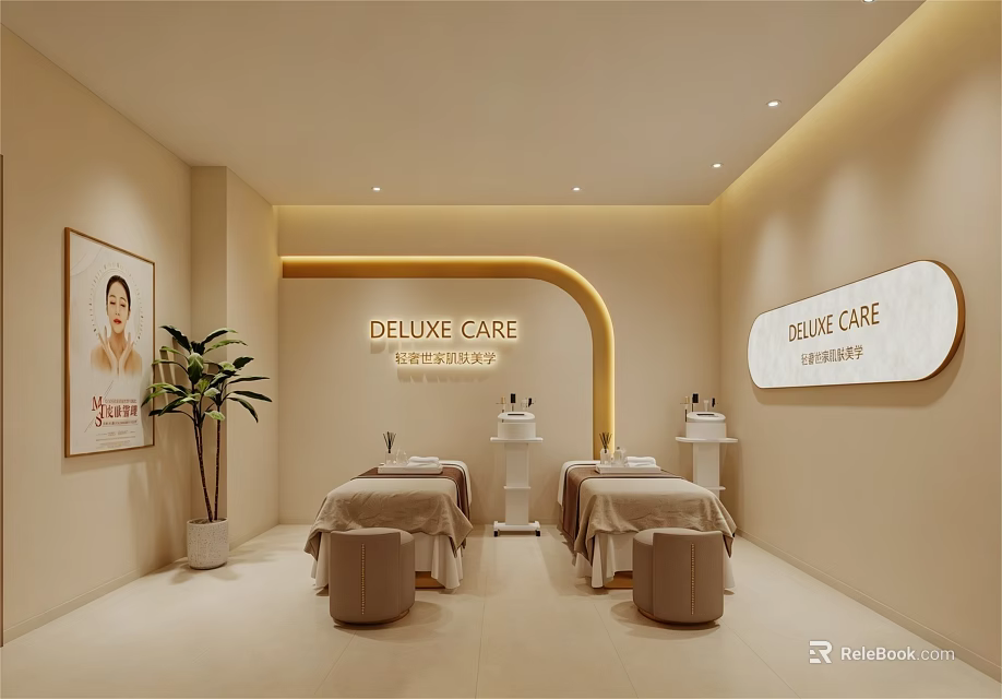 Deluxe Beauty Care Salon Interior With Warm Lighting Comfortable Treatment Beds And Potted Plant 3d model 