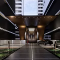 Modern Commercial Landscape With Courtyard Water Feature Green Plants And Lighting