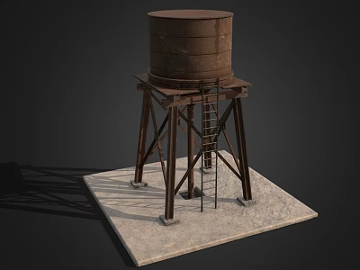 Rustic Water Tower Structure With Metal Legs Ladder And Concrete Base 3d model